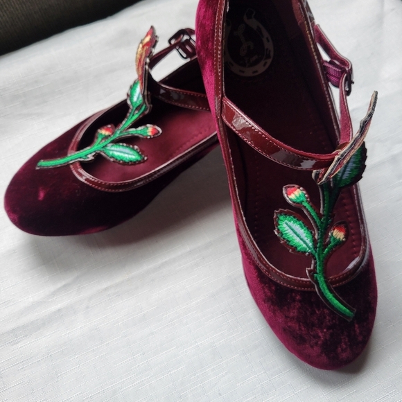 Miss L Fire Shoes - Miss L Fire Floral  Velvet Embroidered  Burgundy Mary Jane Shoes Size 6.5